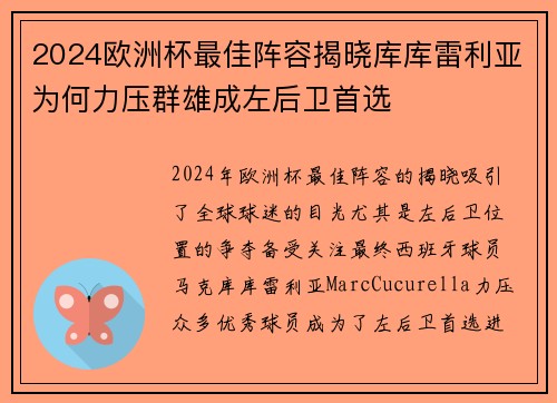 2024欧洲杯最佳阵容揭晓库库雷利亚为何力压群雄成左后卫首选 2024欧洲杯最佳阵容揭晓库库雷利亚为何力压群雄成左后卫首选