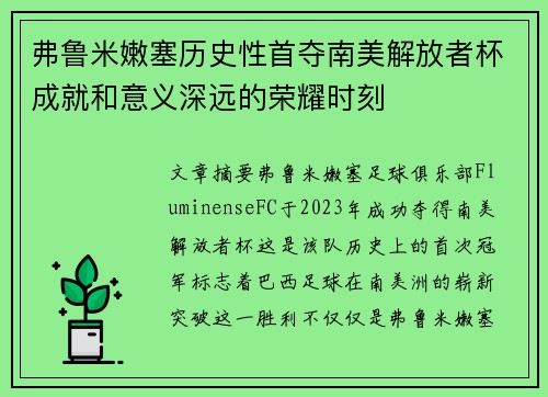 弗鲁米嫩塞历史性首夺南美解放者杯成就和意义深远的荣耀时刻 弗鲁米嫩塞历史性首夺南美解放者杯成就和意义深远的荣耀时刻